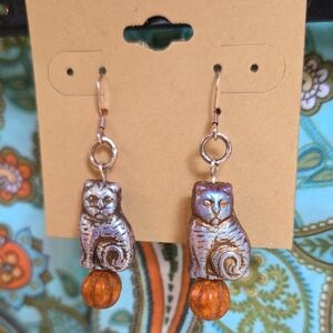 Silver Cat Dangle Earrings with Amber-Tone Beads